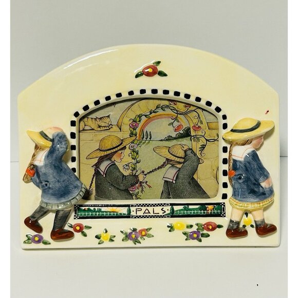 Mary Engelbreit Ceramic Picture Frame Pals Little Girls Sisters Flowers Vtg - Picture 1 of 7